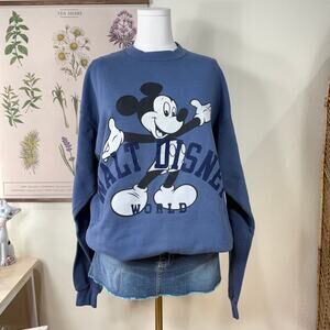Vintage 80s 90s Blue Mickey Mouse Walt Disney Word Pullover Sweatshirt Grunge OS